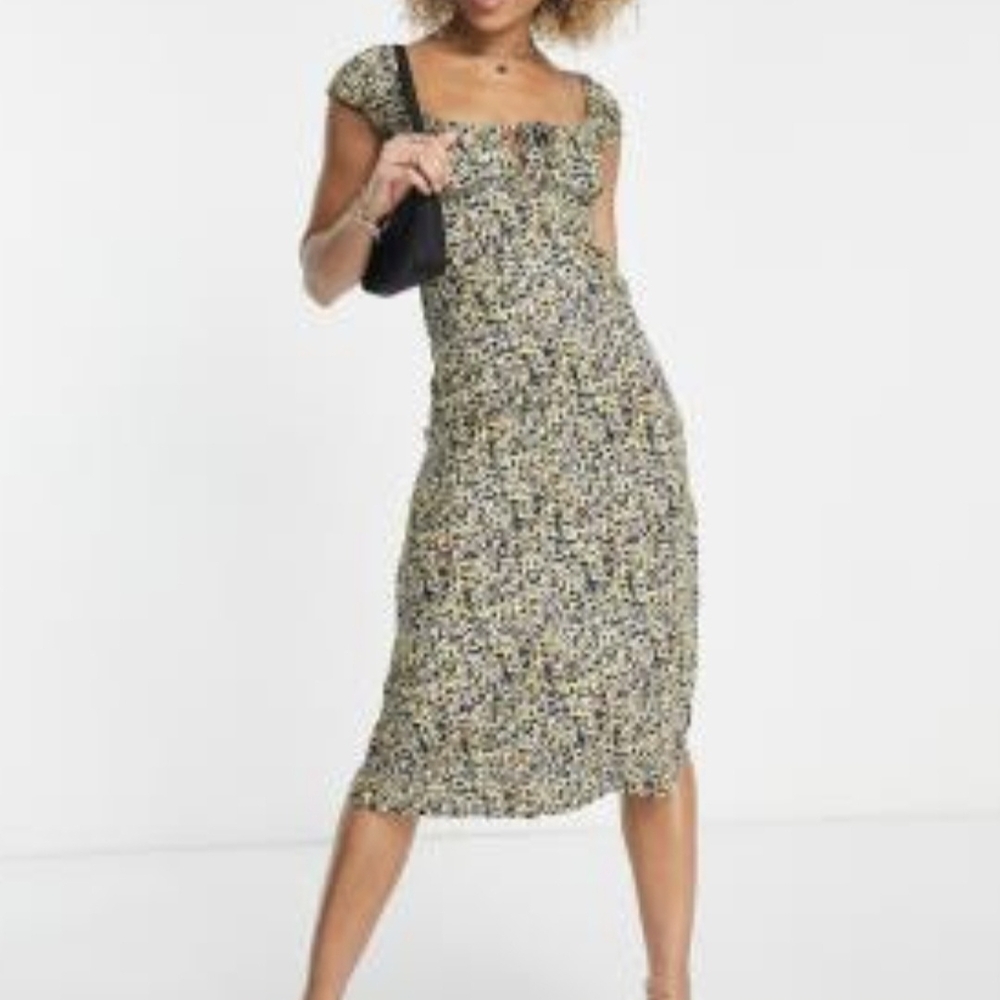 Motel Yellow Floral Milkmaid Midi Dress